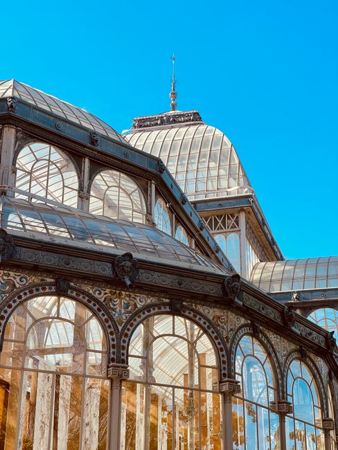 A detailed view of an ornate glass conservatory featuring intricate metal framework and large arched windows, with a portion of a historic building visible at the top, set against a cloudy sky. Inside the conservatory, several cardboard boxes and wrapped furniture items are placed on the floor, indicating preparations for home relocation or furniture transport. Part of a moving trolley and a van may be seen through the windows, suggesting the loading process for a house removal by [COMPANY_NAME]. The scene reflects the careful packing and loading activities associated with professional removals, with a focus on glass and metal architecture typical of historic properties often involved in house moves in the Crystal Palace area.