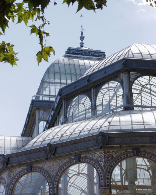 A detailed view of a large Victorian-style glass and iron greenhouse structure, featuring ornate metalwork framing expansive glass panels. Sunlight filters through the glass, creating reflections and